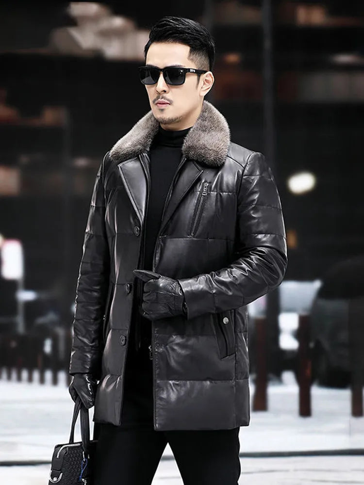 Men's Leather Jacket, Mid-Length, Lapel, Single Breasted Down Jacket, Mink Collar, Sheepkin, Thick Coat, Autumn and Winter