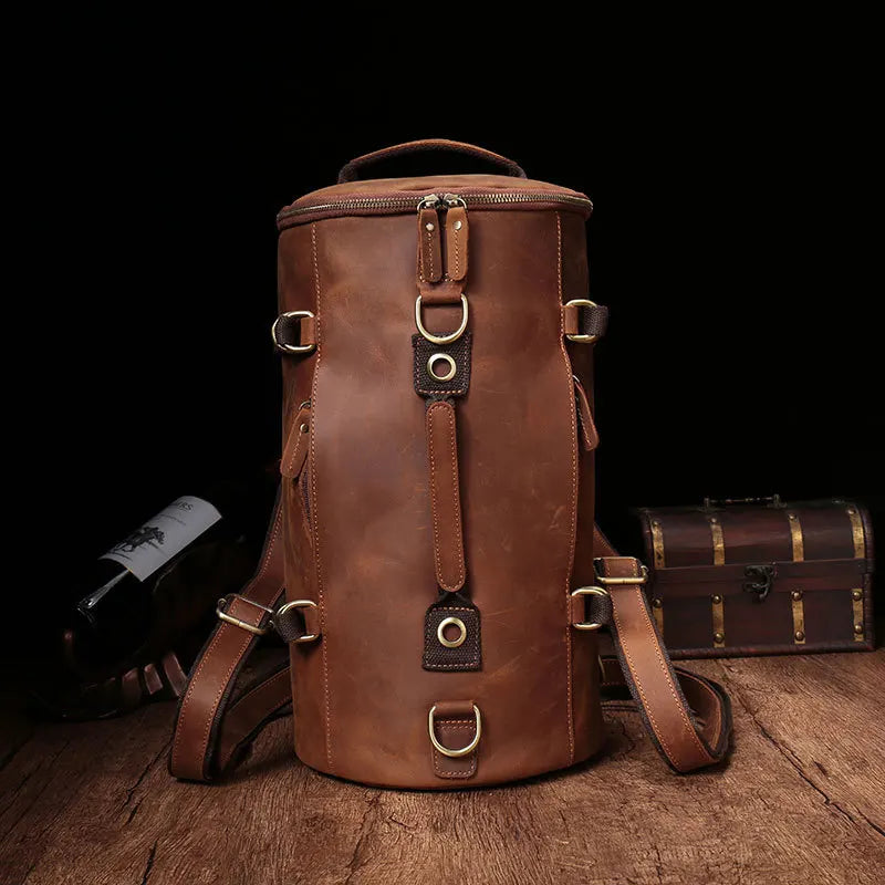 Luufan Unique Design Leather Backpack For Men Vintage Crazy Horse Leather Bucket Daypack Large Male Travel Bag Male Backpacks