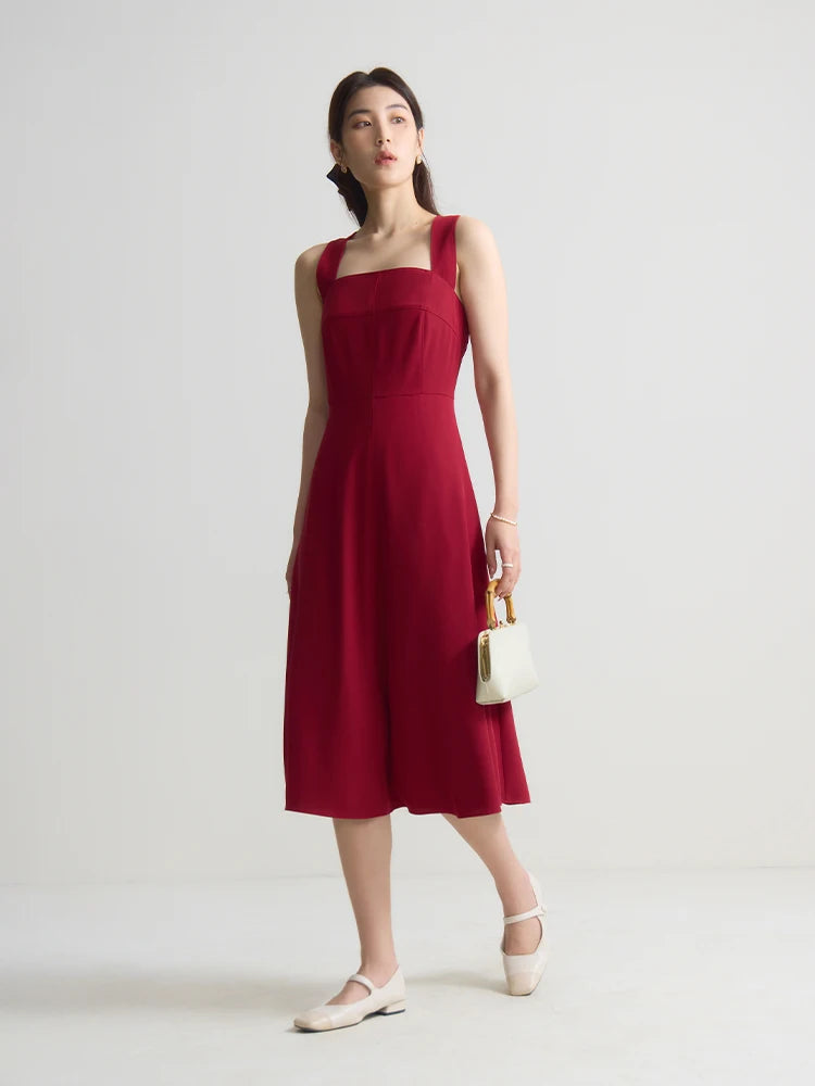 DUSHU French Style Suspender Dress for Women Summer Chic Style Red Square Collar Slim Mid-length Elegant Dress Female 24DS82114