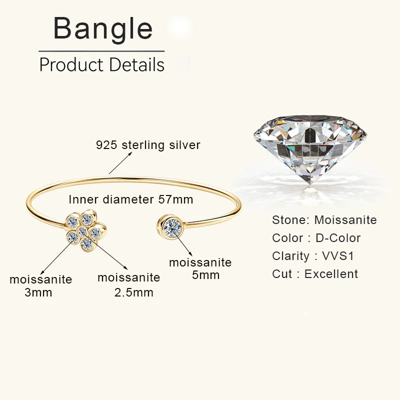 Lnngy Sparkling Moissanite Bracelets For Women Girl Original and Pure 925 Sterling Silver Cuff Bracelet Open Wrist Jewelry Gift