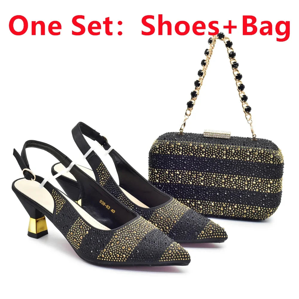 African Shoe and Bags Set for Wedding Women Shoes and Bags To Match Set with Rhinestone Italy Lady Pumps Women Shoes Luxury