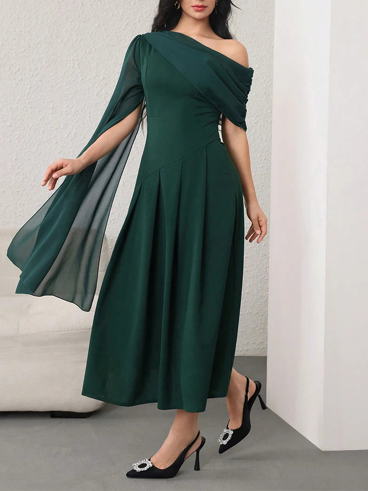 Rafiah Women's Summer Dress 2025 Elegant Asymmetrical Solid Color Long Sleeve Patchwork Mesh Dress Party Dresses