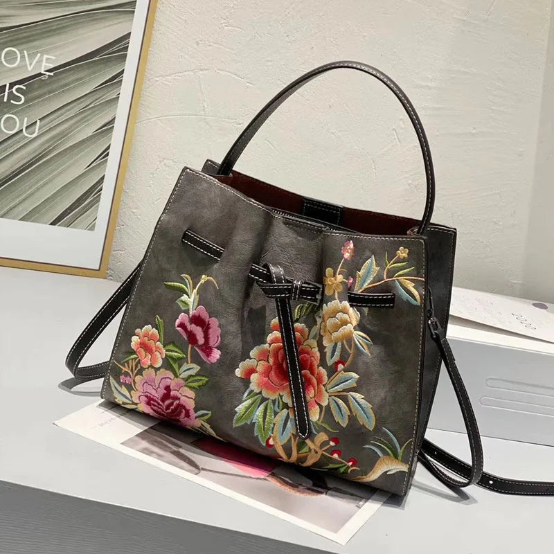 MOTAORA Vintage Chinese Embroidery Leather Shoulder Bag Women Large Capacity Crossbody Bucket Bag Ladies Fashion Handbag NEW
