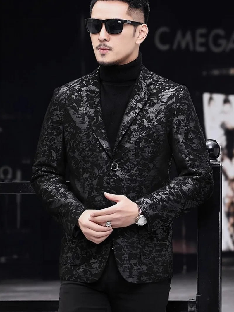 Business Men Work Slim Fit Real Sheepskin Genuine Leather Jacket Spring Autumn Floral Printed Single Breasted Blazer Suit Coat