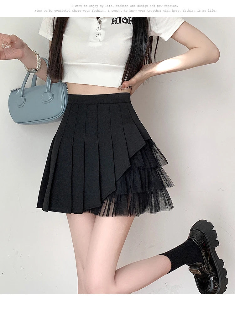 Slimming A-Line Skirt for ort Women High Waist Pleated Commuter Sle Net Gauze f Body Skirts Fem Faion