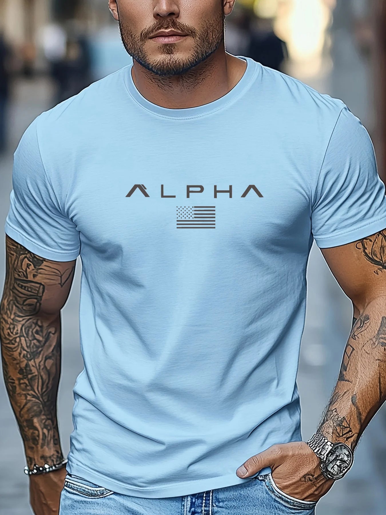 Men's summer 100 cotton ALPHA printed loose solid color multi-color optional sports round neck short sleeved T-shirt top