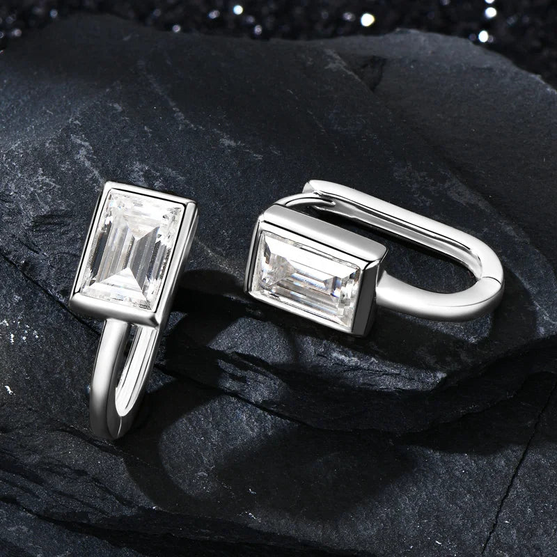 Lnngy 925 Sterling Silver U-shaped Hoop Earrings Emerald Cut 5*7mm Moissanite Earring For Women Girls Korean INS Jewelry Gift