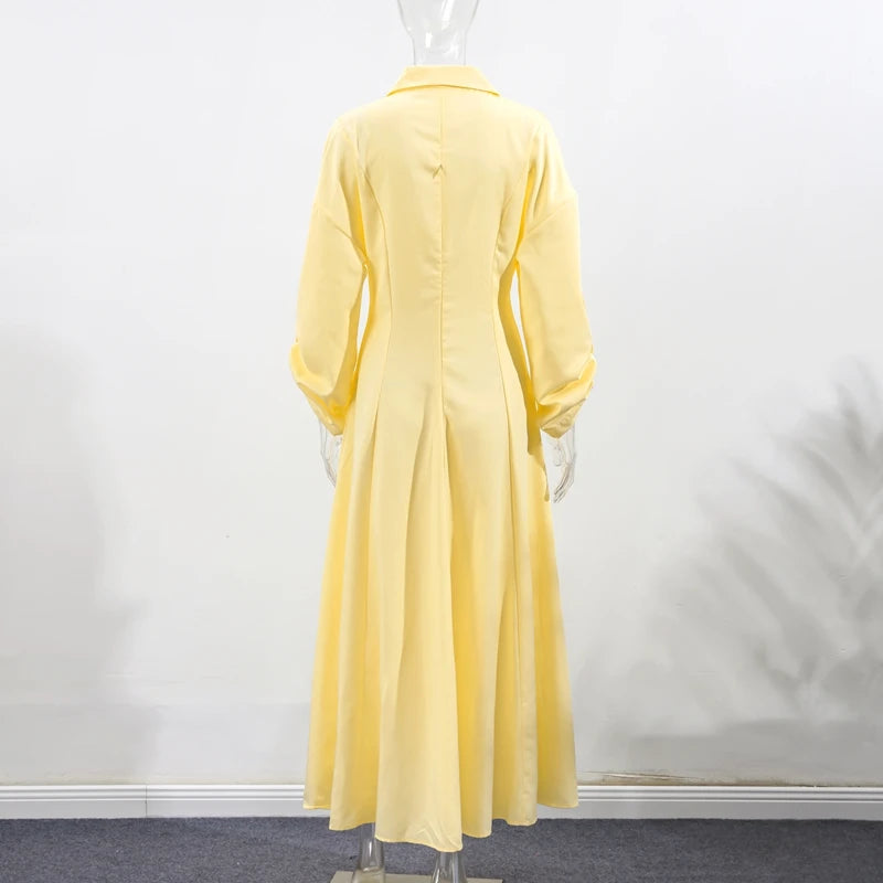 Elegant Lapel Waist-Cinched Pleated Shirt Dress – Women’s Half Sleeve Floor-Length Summer Style