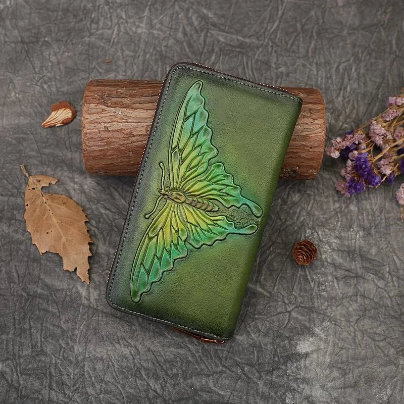 MOTAORA Ladies Retro Butterfly Embossed Wallet Women's Genuine Leather Zipper Pouch Female Cowhide Card Holder Girls Long Purse