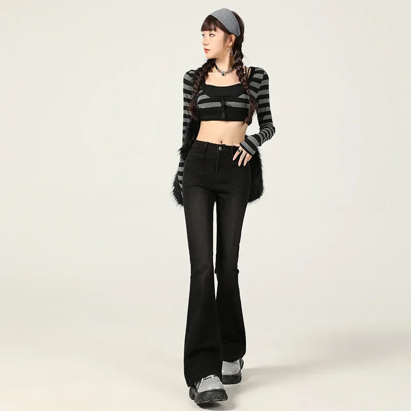 American Style Vintage Jeans Women's Slim Fit High Street Bootcut Pants 2024 Autumn Winter Slimming Petite Bootcut Trousers