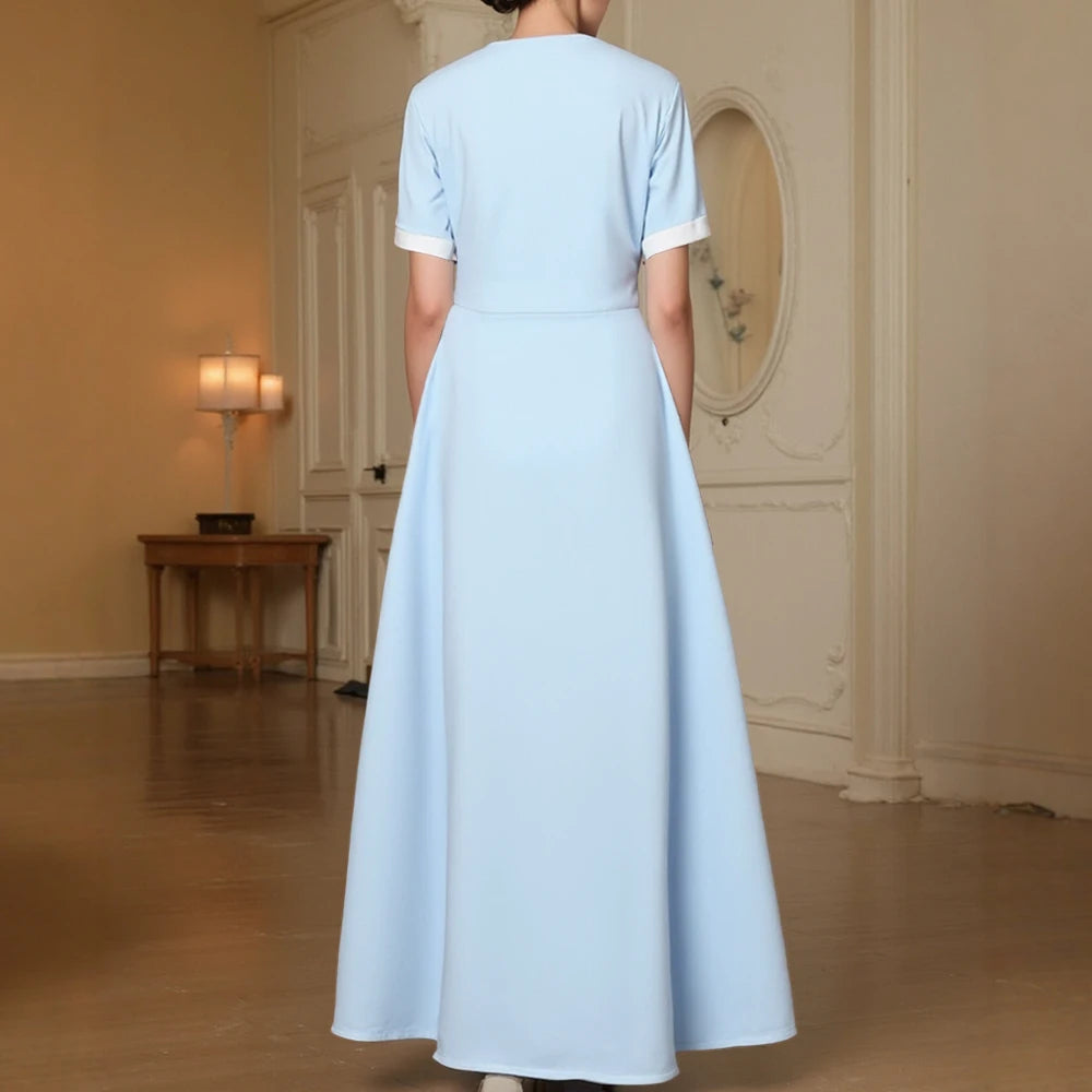 Rafiah Women's Dresses Summer Elegant Fashion 2025 Plain Embroidery Short Sleeve V-Neck A Line Midi Vacation Long Dress