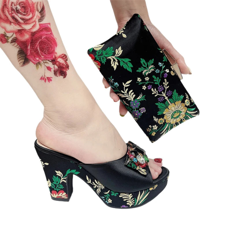 Gladiator Sandals & Bag Set – Green Rhinestone Embroidery, High Heel Party Shoes