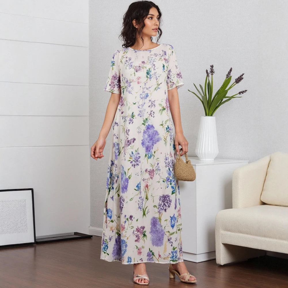 Rafiah Women's Summer Arabian Dresses Cultural Loose Floral Full Print Half Sleeve Keyhole Neckline Midi Casual Arabian Dresses