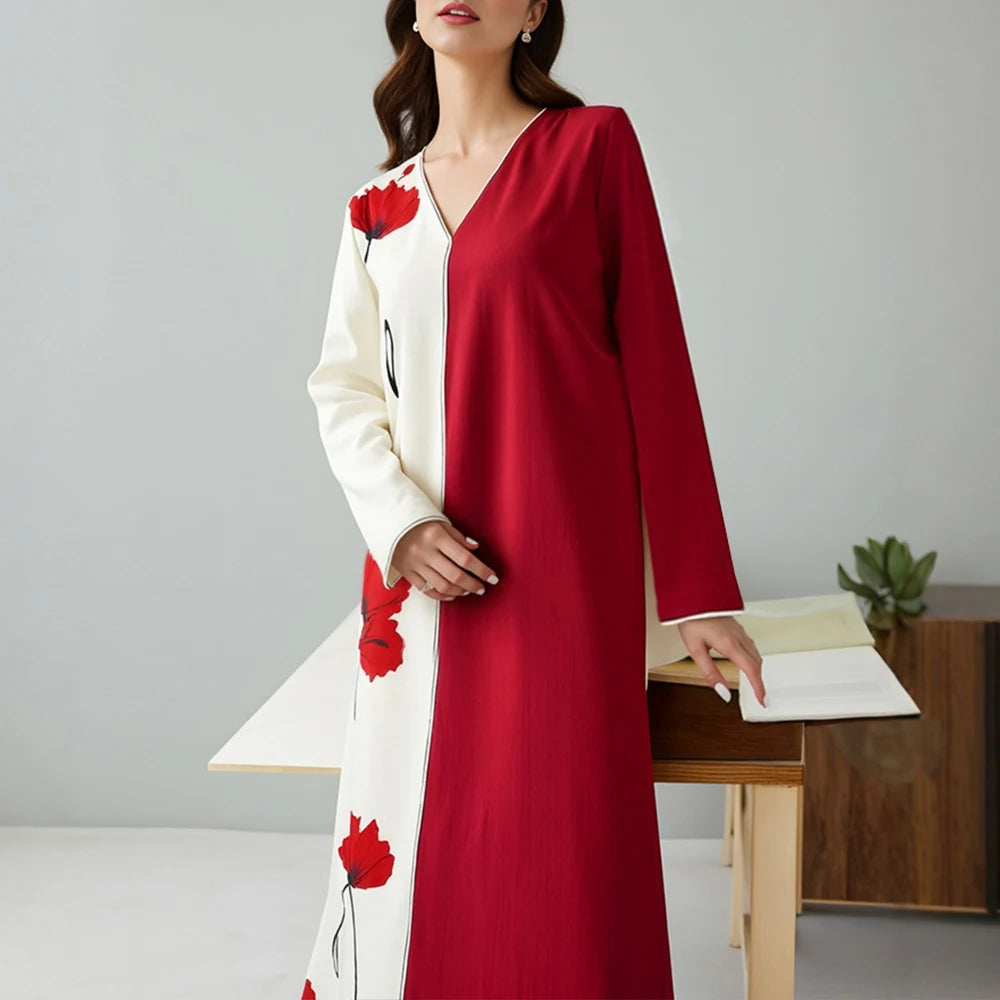 Rafiah Summer Dress 2025 Floral Patchwork Women's Fashion Long Sleeve V-Neck A-Line Maxi Dating Arabian Dress