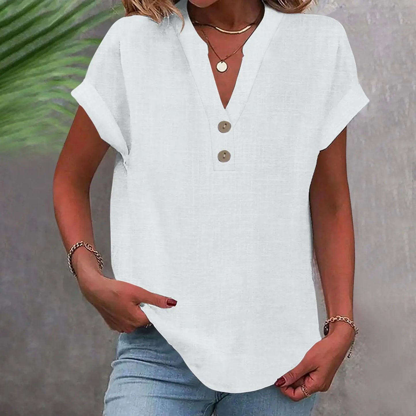 Cotton Linen Short Sleeved Breathable Shirt Summer Solid Color Fashion Stand Up Collar Button Down Women's Casual Office Shirt