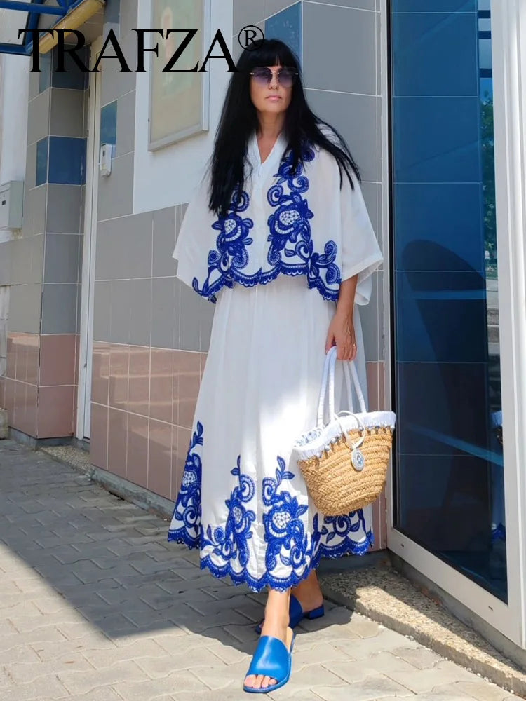 TRAFZA 2024 Women Skirt Set Blue Embroidery Three Quarter Bat Sleeve Shirt +Folds A Line Long Skirt Casual Loose Beach Holiday