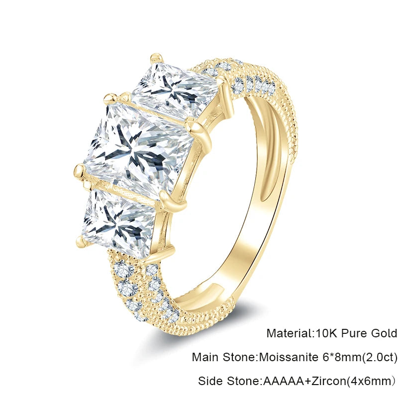 Lnngy Three Stone Moissanite Ring For Women 10K Pure Gold Lab Created Diamond Eternity Engagement Rings Delicate Daily Jewelry