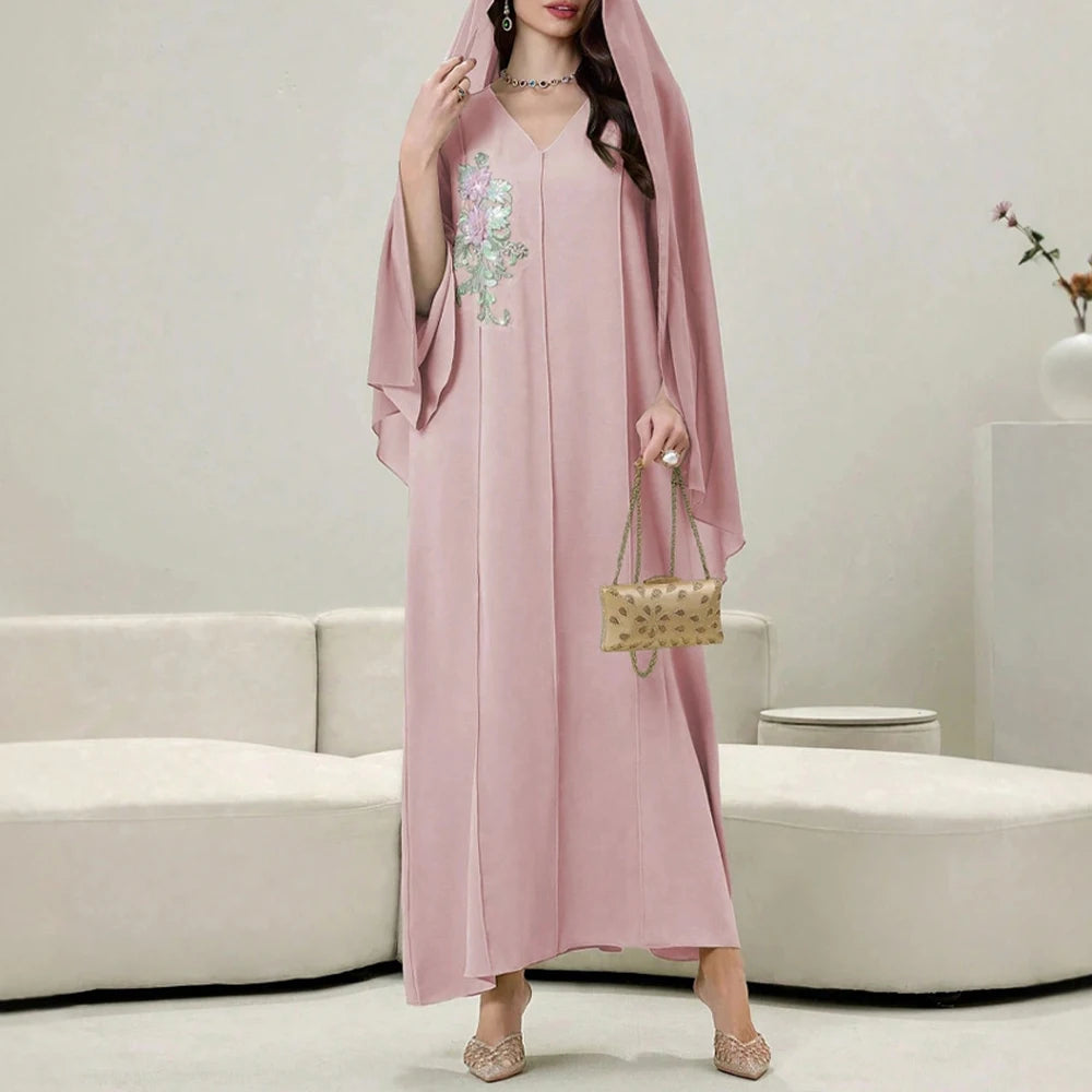 Rafiah Summer Dresses 2025 Women's Appliques Plain Draped Long Flare Sleeve V-Neck Loose Fit Basics Arabian Midi Dress