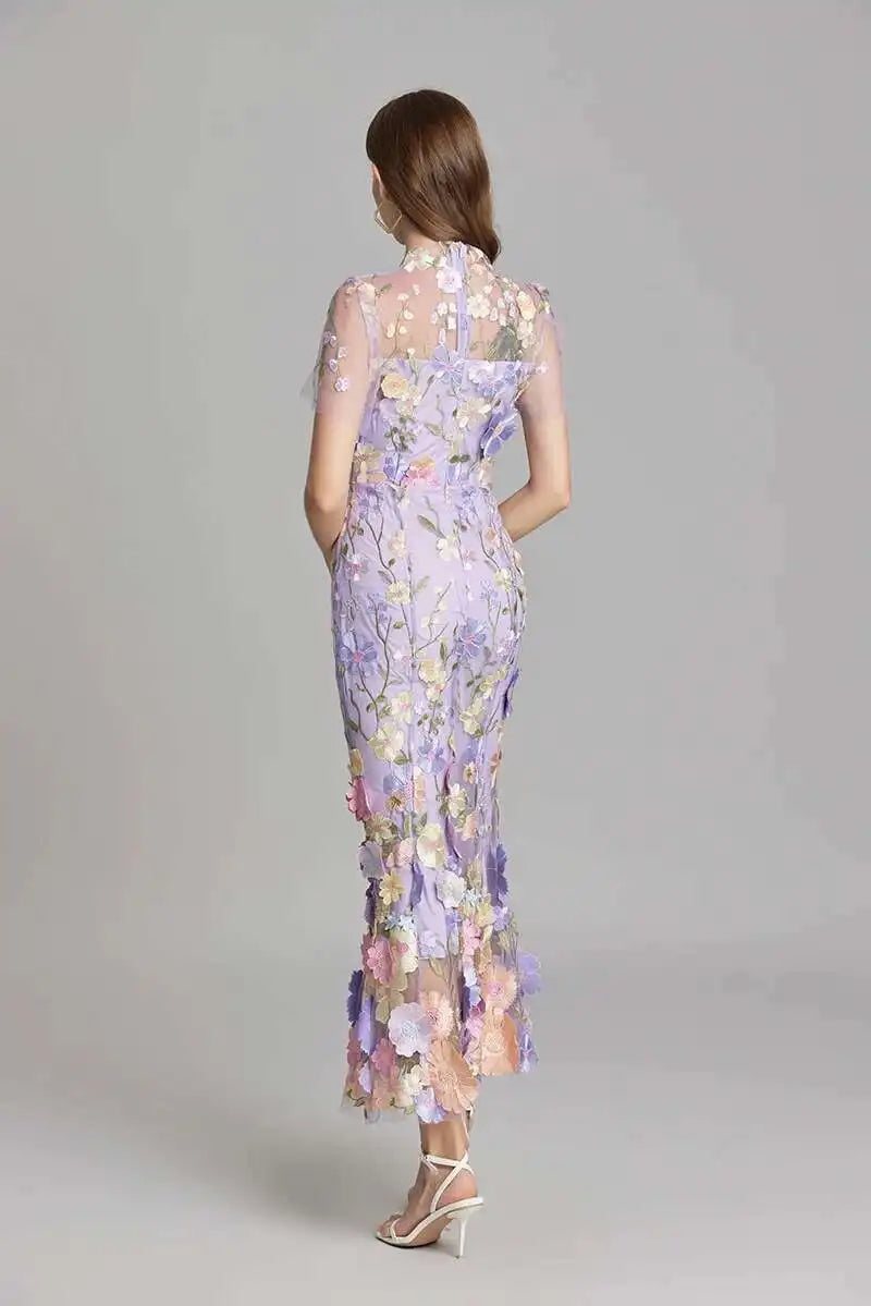 French Luxury 3D Flower Fishtail Lace Prom Dress – Women's Summer Short Sleeve Midi Evening Dress