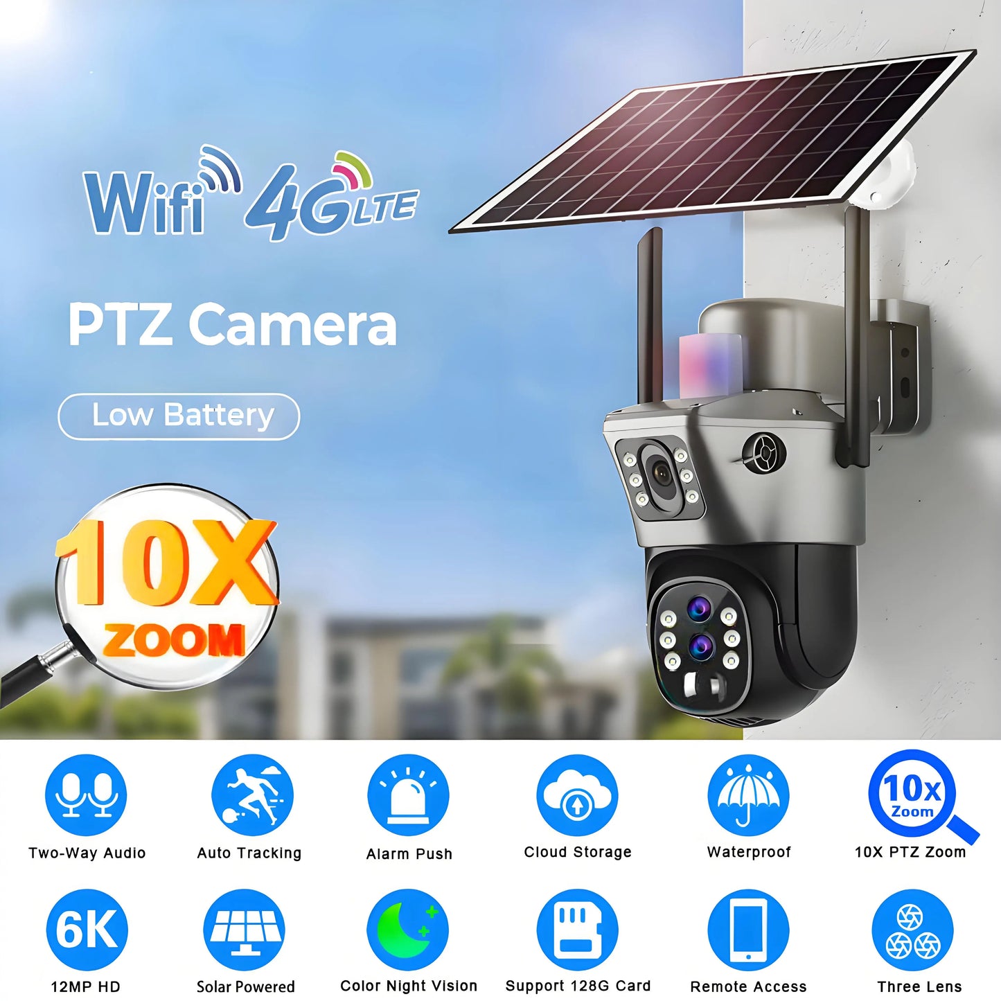 Solar Outdoor Surveillance Camera 4G Sim 6K 12MP Three Lens 10 Digital Zoom Wireless Cctv PTZ IP66 Security Solar Panel Cameras
