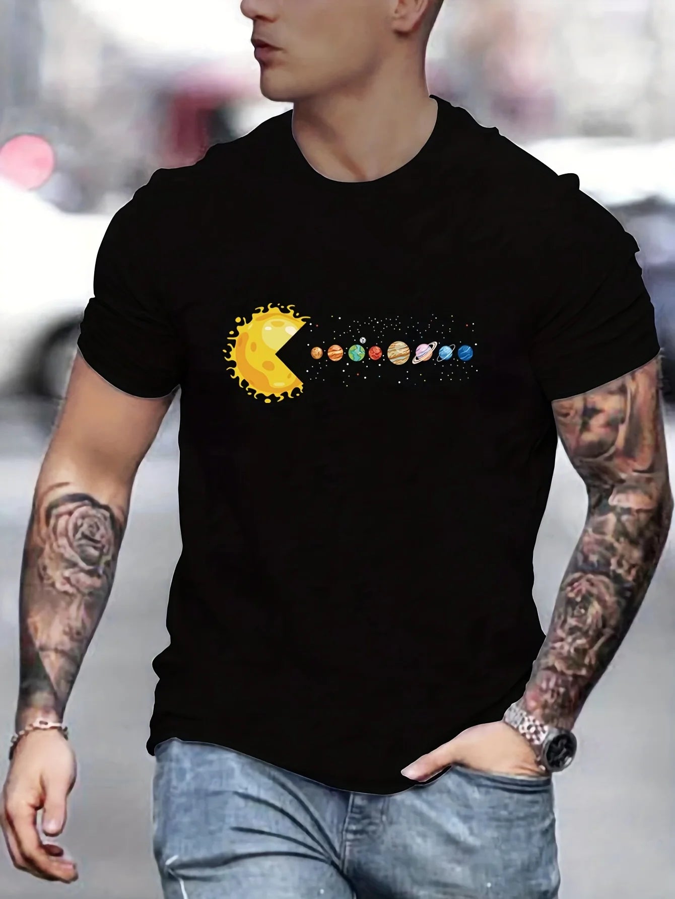 Men's 100% pure cotton summer loose and comfortable casual pac man style sun planets 🪐 eaten printed round neck short sleeved T-shirt top