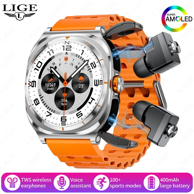 LIGE New Smart Watch With 2 in 1 TWS Wireless Headset Bluetooth Call 1.53" AMOLED Screen 400mAh IP67 Waterproof Sport Smartwatch