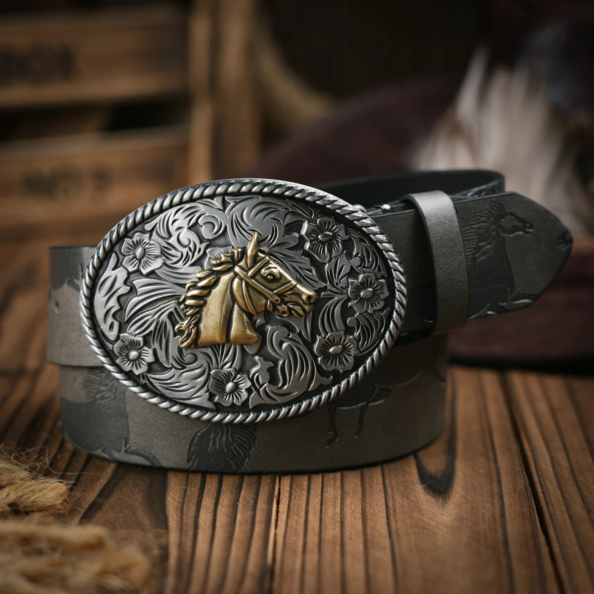 Western Cowboy Leather Buckle Belts Horse Pattern Floral Engraved Buckle Belt for Men