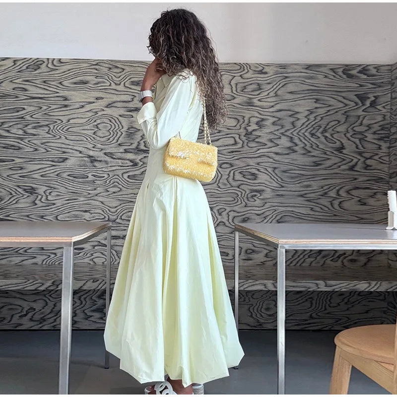 Elegant Lapel Waist-Cinched Pleated Shirt Dress – Women’s Half Sleeve Floor-Length Summer Style