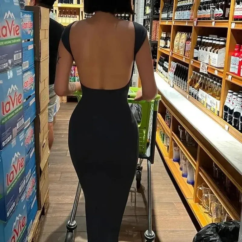 Women Solid Sexy Backless Maxi Dress Women Elegant Elastic Slim Short Sleeve Long Dresses Female Bodycon Streetwear Clothing