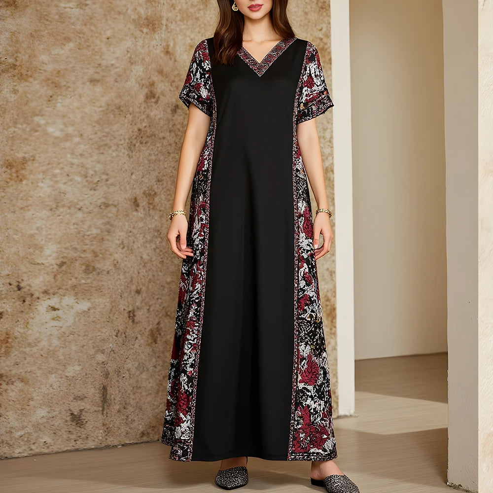 Rafiah Women's Arabian Dress Summer Fashion Opulent Contrast Color Short Sleeve V-Neck Midi A-Line Long Dating Dress