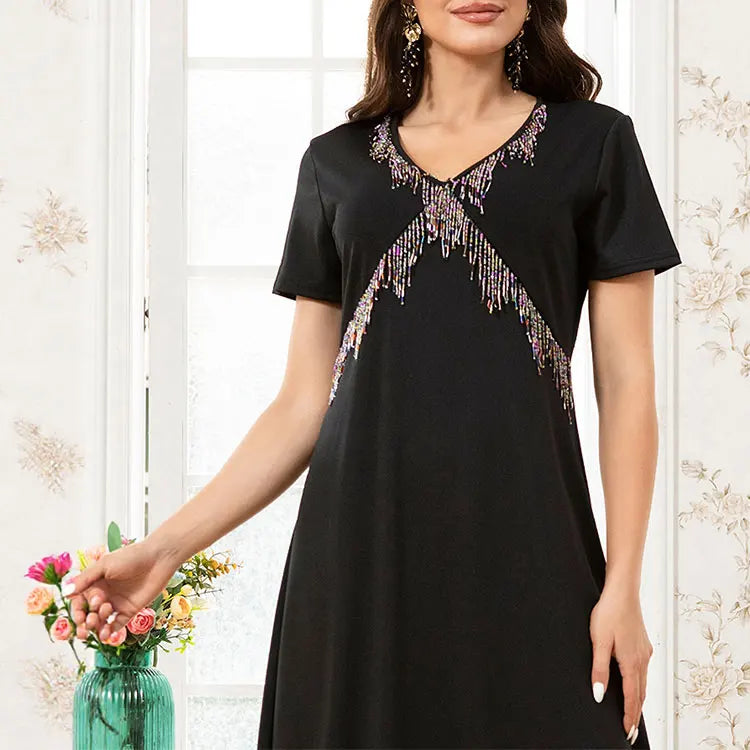 Rafiah Women's Dresses Summer Elegant Fashion 2025 Plain Tassel Short Sleeve V-Neck A Line Midi Vacation Long Dresses