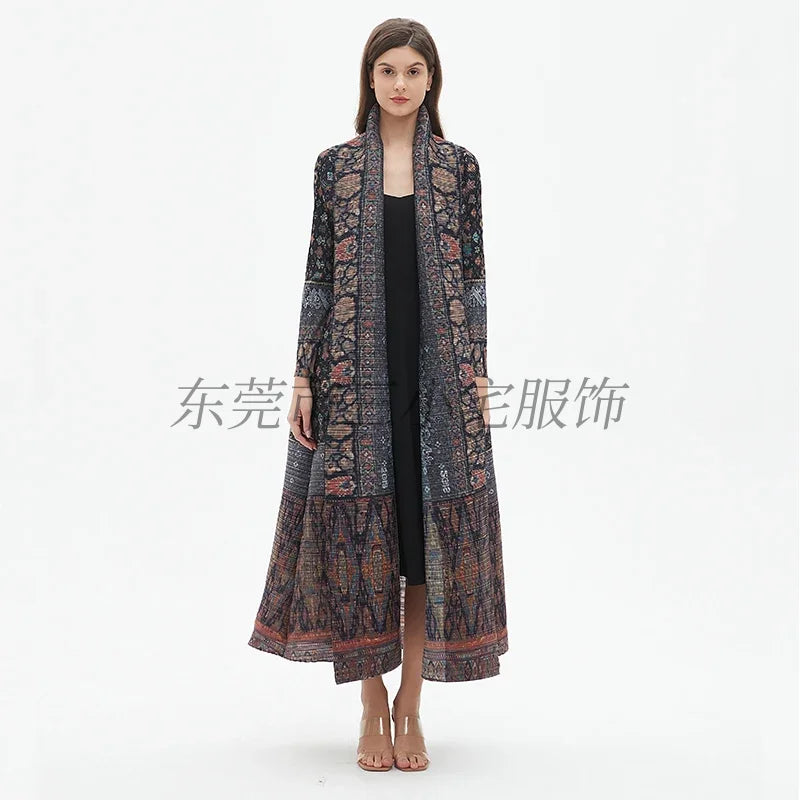 KAF Pleated Women Large Size Trench Coat 2024 Spring and Autumn New Vintage Printed Design Female Robe Arab Luxury Abaya