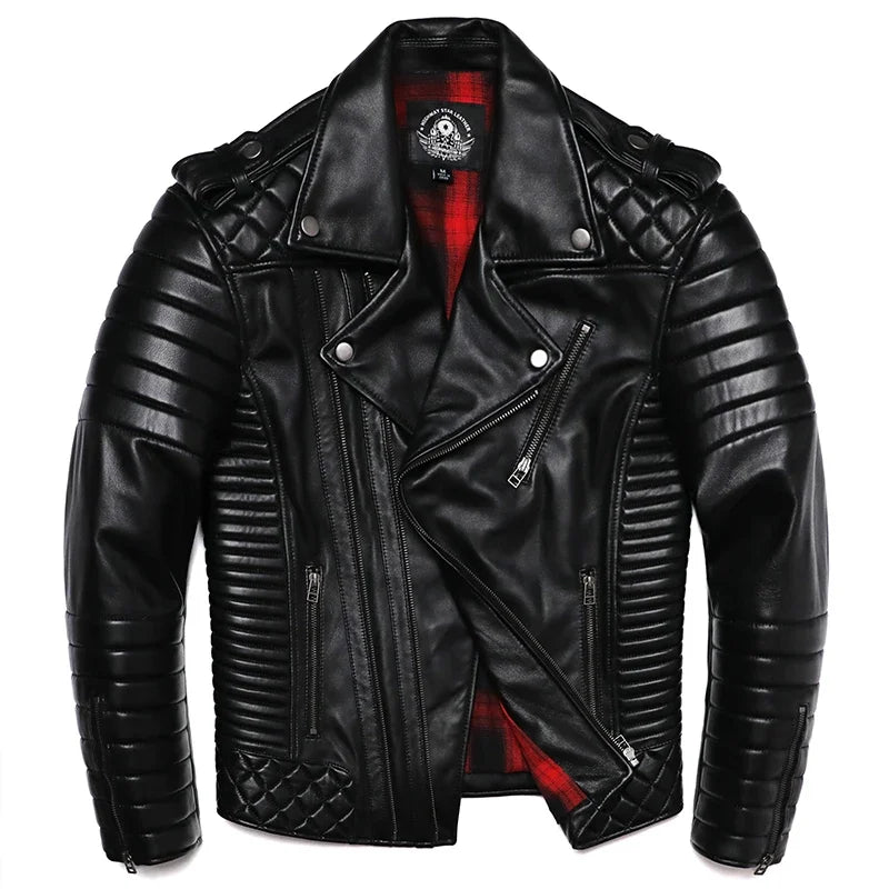 New Sheepskin Genuine Leather Moto Jacket – Slim Oblique Zipper Short Coat for Men
