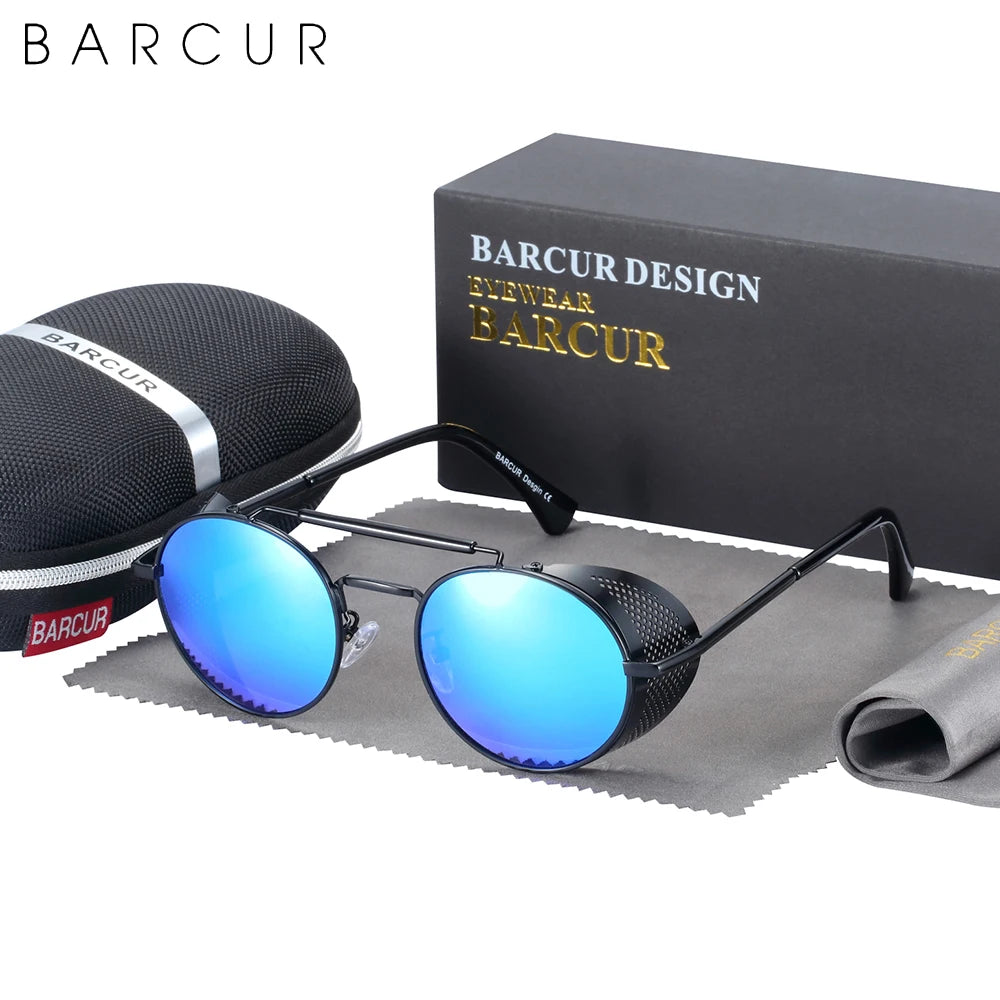 BARCUR Vintage Retro Round Polarized Steampunk Sunglasses Men Sun Glasses For Women Style UV400 Protection