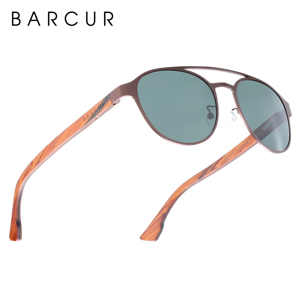 BARCUR Fashion Round Design Women Sunglasses Metal Frame Polarized Lens Laminated Ebony Wood Temple Man Sun Glasses UV400