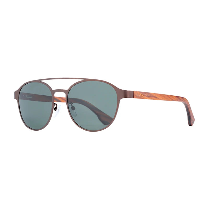 BARCUR Fashion Round Design Women Sunglasses Metal Frame Polarized Lens Laminated Ebony Wood Temple Man Sun Glasses UV400