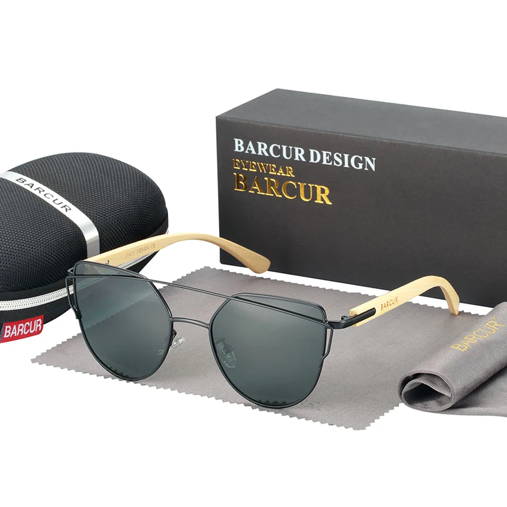BARCUR Bamboo Cat Eye Sunglasses Polarized Metal Frame Wood Glasses Lady Luxury Fashion Sun Shades With Box
