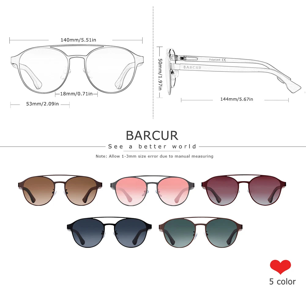 BARCUR Fashion Round Design Women Sunglasses Metal Frame Polarized Lens Laminated Ebony Wood Temple Man Sun Glasses UV400