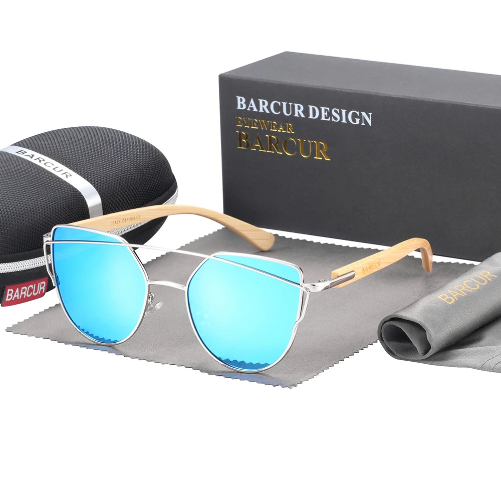 BARCUR Bamboo Cat Eye Sunglasses Polarized Metal Frame Wood Glasses Lady Luxury Fashion Sun Shades With Box