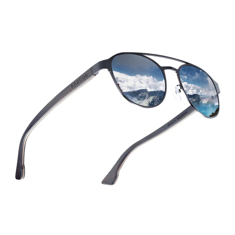 BARCUR Fashion Round Design Women Sunglasses Metal Frame Polarized Lens Laminated Ebony Wood Temple Man Sun Glasses UV400