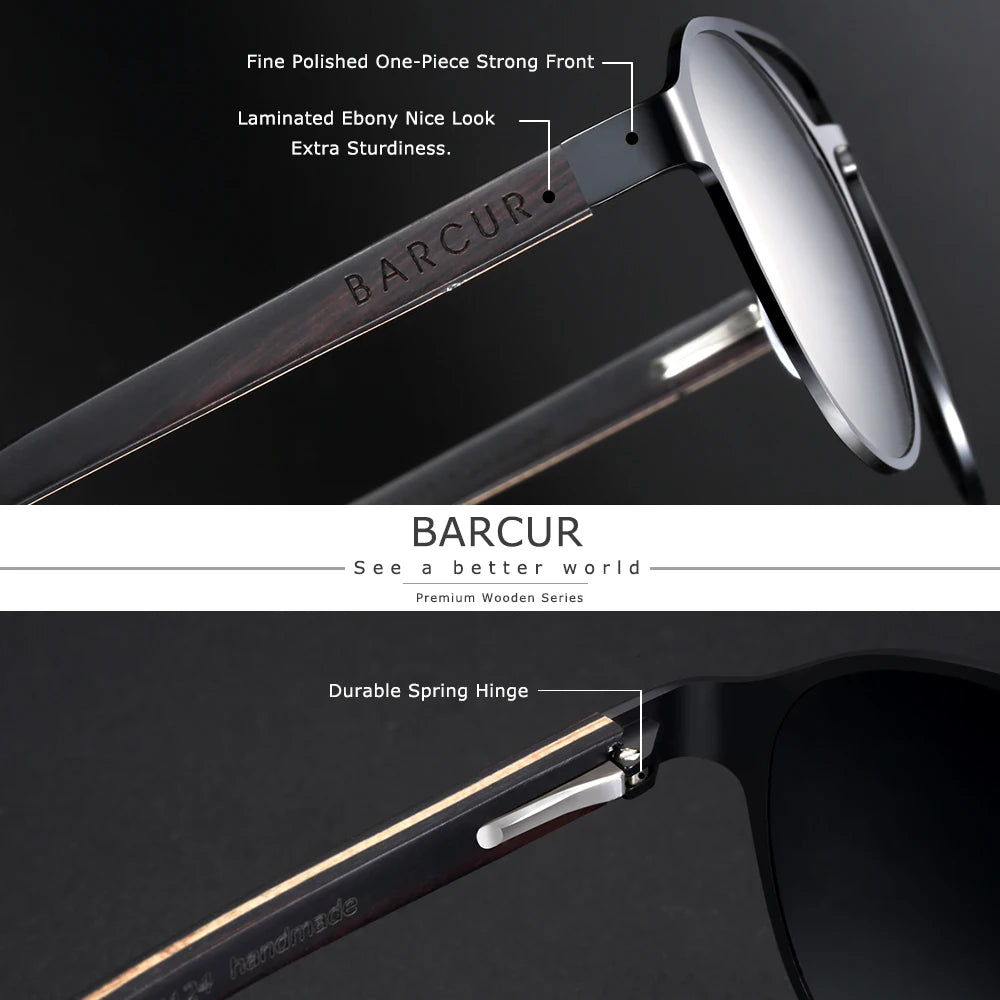 BARCUR Fashion Round Design Women Sunglasses Metal Frame Polarized Lens Laminated Ebony Wood Temple Man Sun Glasses UV400