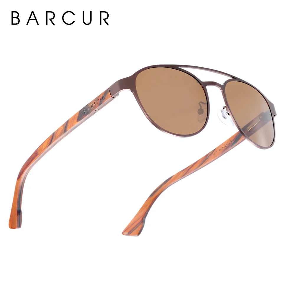 BARCUR Fashion Round Design Women Sunglasses Metal Frame Polarized Lens Laminated Ebony Wood Temple Man Sun Glasses UV400