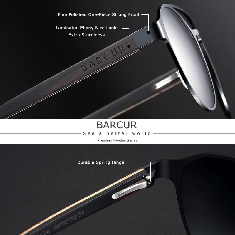 BARCUR Fashion Round Design Women Sunglasses Metal Frame Polarized Lens Laminated Ebony Wood Temple Man Sun Glasses UV400