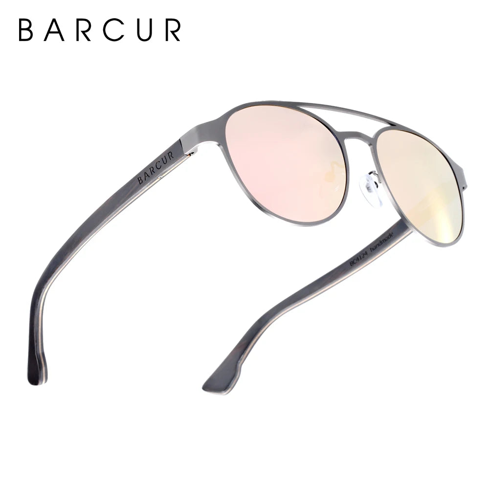 BARCUR Fashion Round Design Women Sunglasses Metal Frame Polarized Lens Laminated Ebony Wood Temple Man Sun Glasses UV400