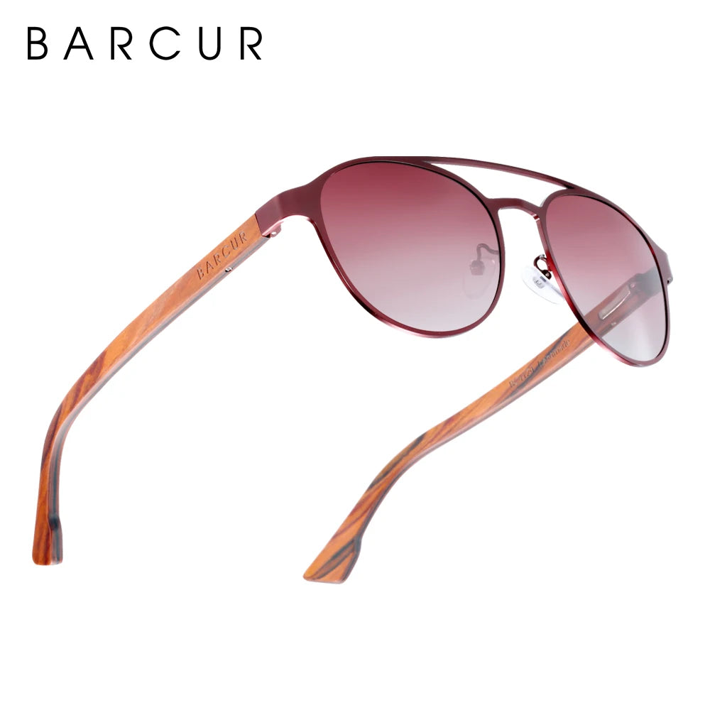 BARCUR Fashion Round Design Women Sunglasses Metal Frame Polarized Lens Laminated Ebony Wood Temple Man Sun Glasses UV400
