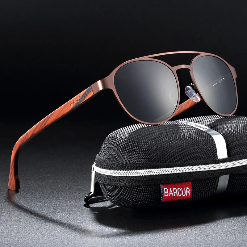 BARCUR Fashion Round Design Women Sunglasses Metal Frame Polarized Lens Laminated Ebony Wood Temple Man Sun Glasses UV400