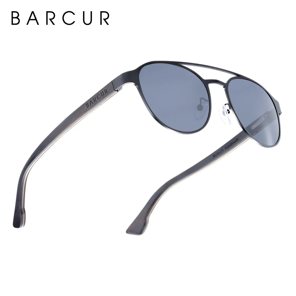 BARCUR Fashion Round Design Women Sunglasses Metal Frame Polarized Lens Laminated Ebony Wood Temple Man Sun Glasses UV400