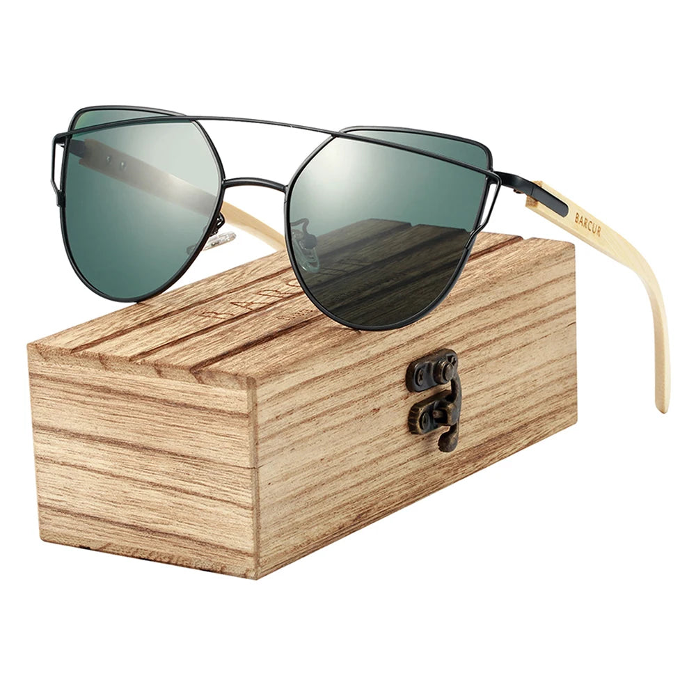 BARCUR Bamboo Cat Eye Sunglasses Polarized Metal Frame Wood Glasses Lady Luxury Fashion Sun Shades With Box