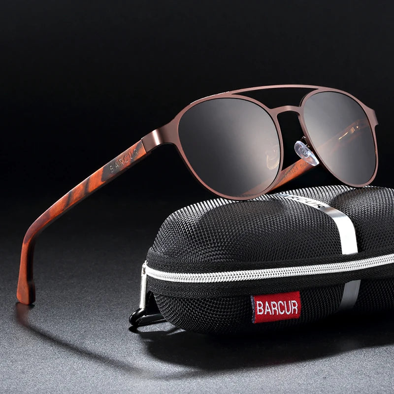 BARCUR Fashion Round Design Women Sunglasses Metal Frame Polarized Lens Laminated Ebony Wood Temple Man Sun Glasses UV400