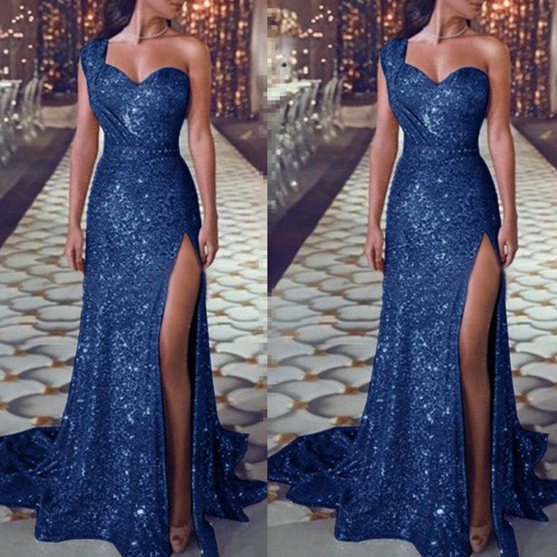 Women’s One-Shoulder Sleeveless Bronzing Split A-Line Long Dress – Urban Chic Temperament Style